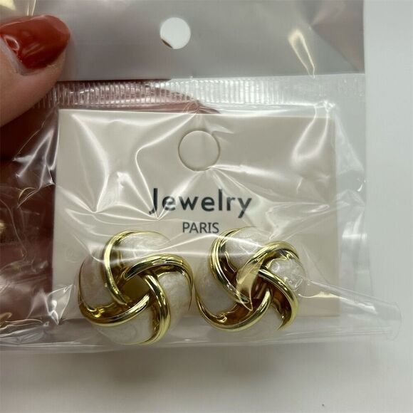 Bold 3D White Enamel and Gold Tone Layered Ribbon Dome Stud Earrings Classic - Picture 6 of 9